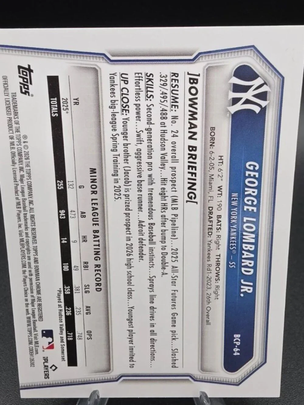 2026 Bowman - Chrome Prospects George Lombard Jr. #BCP -64 Reptilian Refractor